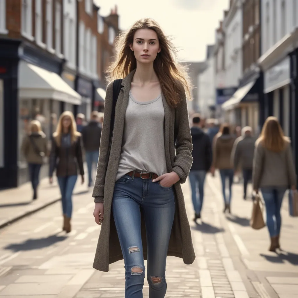 Prompt: Tall young woman walking down the high street, detailed clothing, realistic, natural lighting