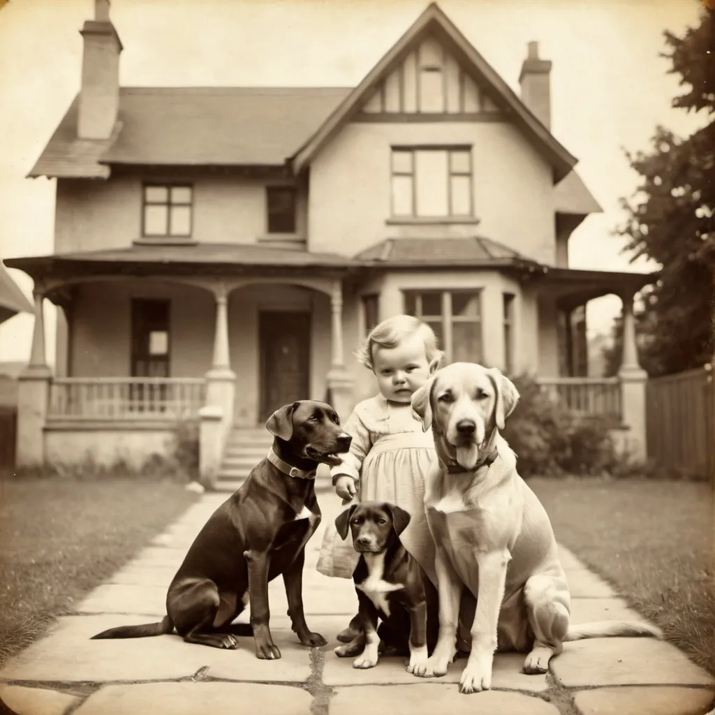 Prompt: two dogs with a baby in front of a house, vintage picture