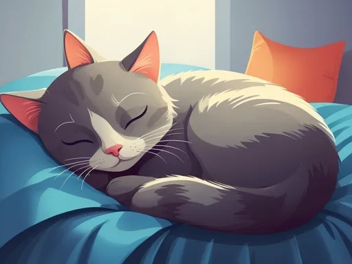Prompt: illustrations for a book-cover,flat design,simple shapes,vector,colorful,2D,cute cartoon   Character, cat sleeping on blue silk pillow