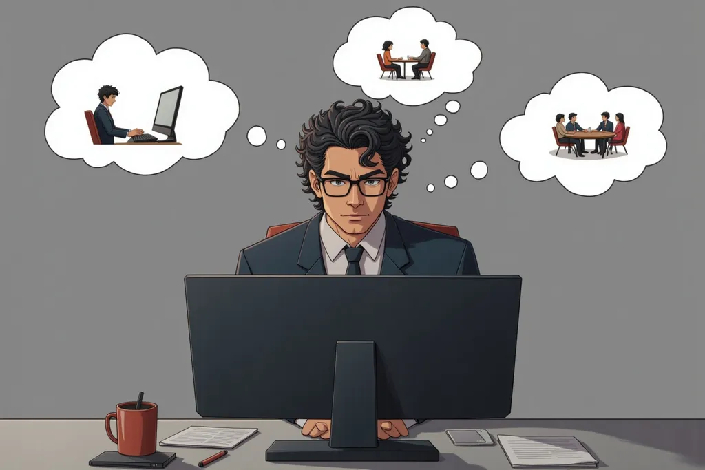 Prompt: A professional male character represented by @gRQEddUn942tLL9Q4pu0 sits at a sleek, modern desk, deep in thought behind a large monitor. He has a focused expression, with furrowed brows and slightly pursed lips, indicating concentration. Above him, three thought bubbles float, each containing distinct icons: one features a person taking a survey online, another shows a one-on-one interview, and the last depicts a group of people in a focus groups.  A few scattered papers and a large desktop are visible on the desk, adding to the sense of a busy work environment.