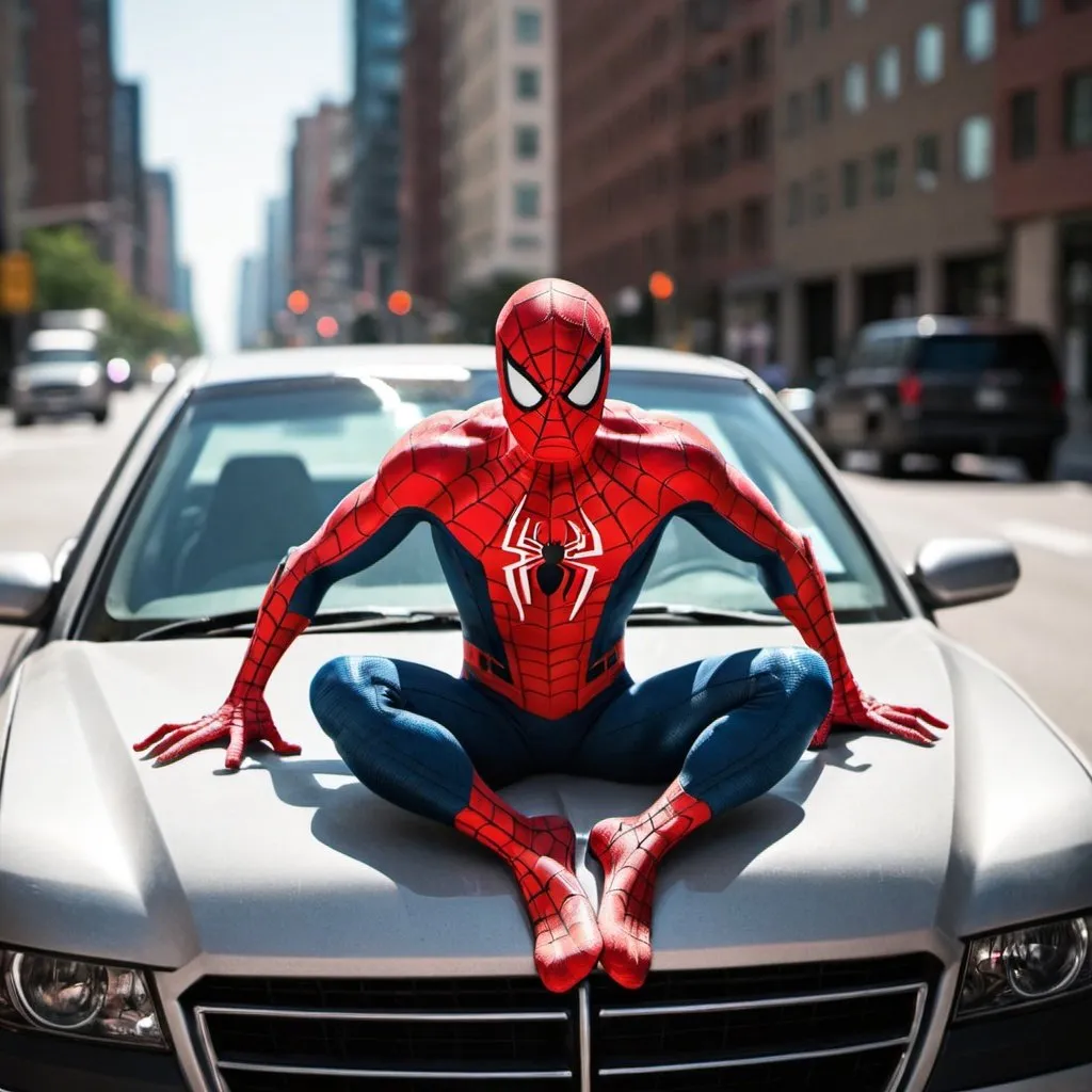 Prompt: Spiderman in a car