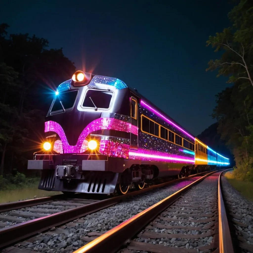 Prompt: disco train with party lights running on railroad tracks at night