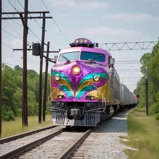 Prompt: disco train running on railroad tracks