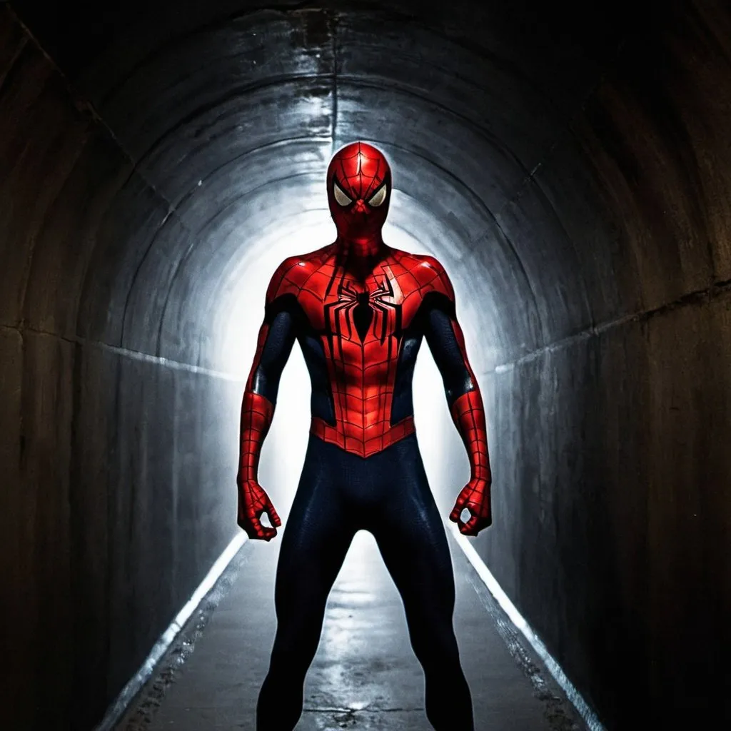 Prompt: Spiderman in a dark tunnel