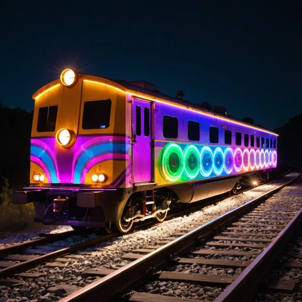 Prompt: disco train with party lights running on railroad tracks at night