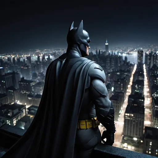 Prompt: batman looking over Gotham city at night