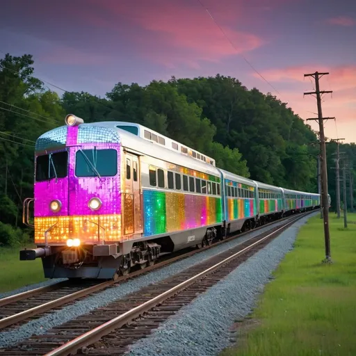 Prompt: disco train running on railroad tracks