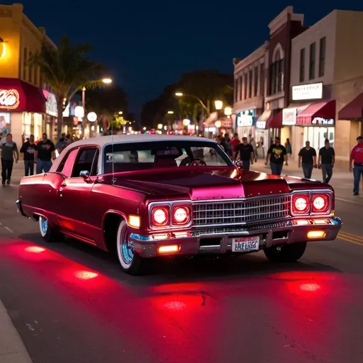 Prompt: Lowrider with red underglow lights driving down main street