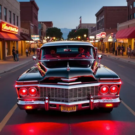 Prompt: Lowrider with red underglow lights driving down main street