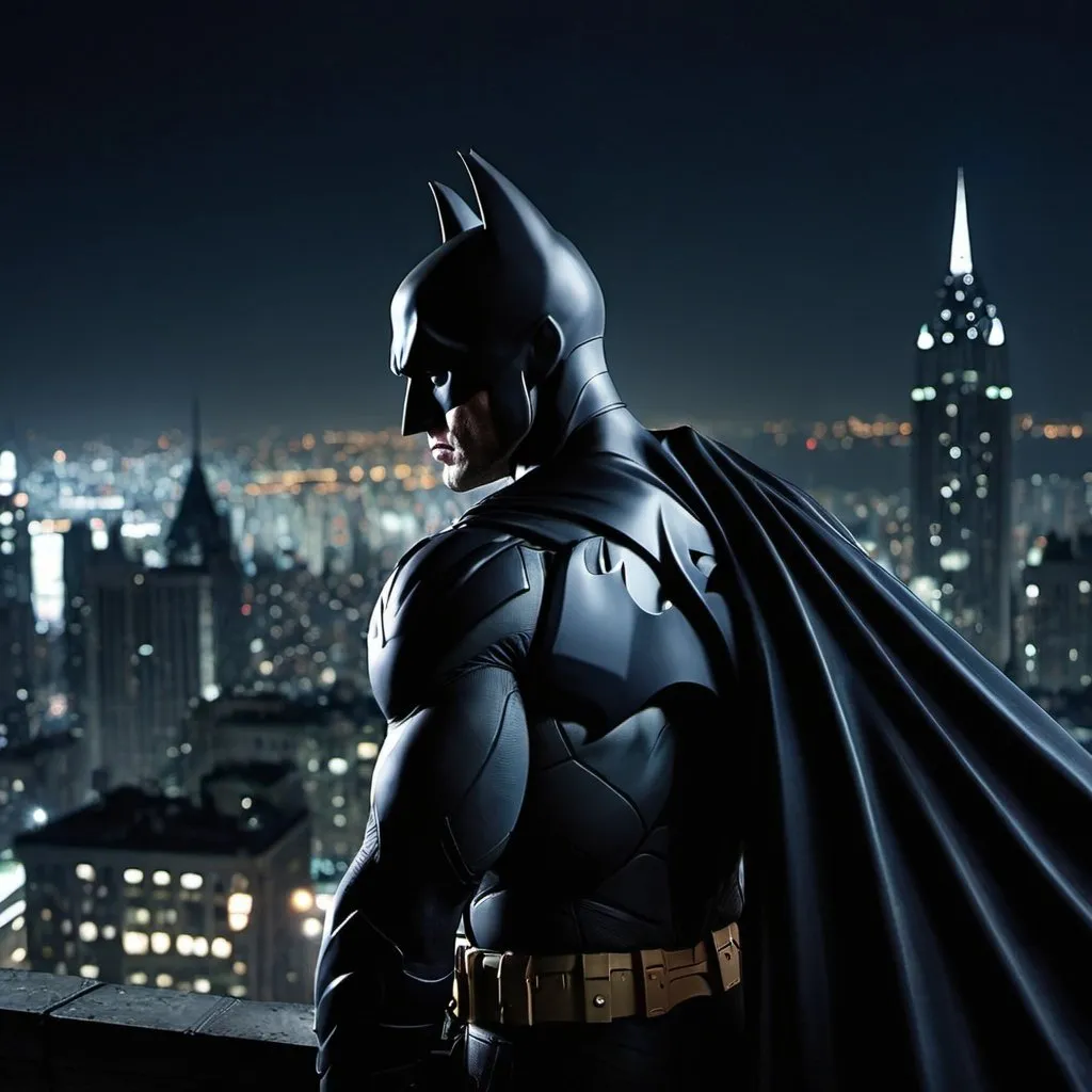 Prompt: batman looking over Gotham city at night