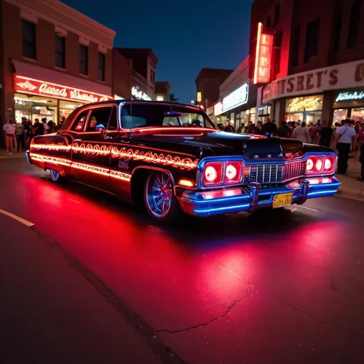 Prompt: Lowrider with red underglow lights driving down main street