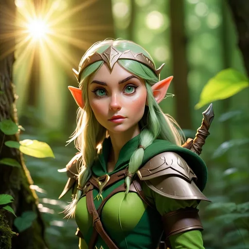 Prompt: Elf ranger in a mystical forest around sunlight