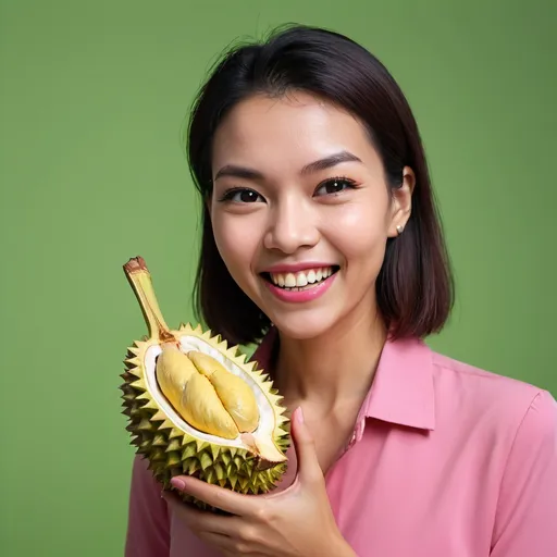 Prompt: Beautiful lady that look like Lisa Black pink with nice smile and nice teeth going to eat fresh Durian in Profesional Studio Photography, Emarald Green Background, negative space, high detailed, sharp focus -- style raw