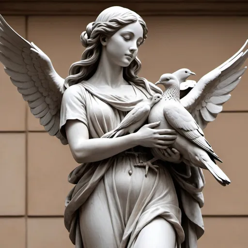 Prompt: Draw a realistic picture of a statue of a woman with very long hair hugging the doves, with precise details