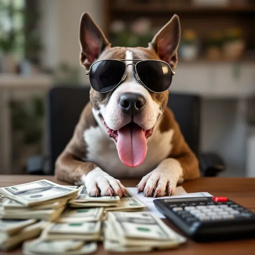 Prompt: please generate a bull terrier with sunglasses wich is counting cash. 