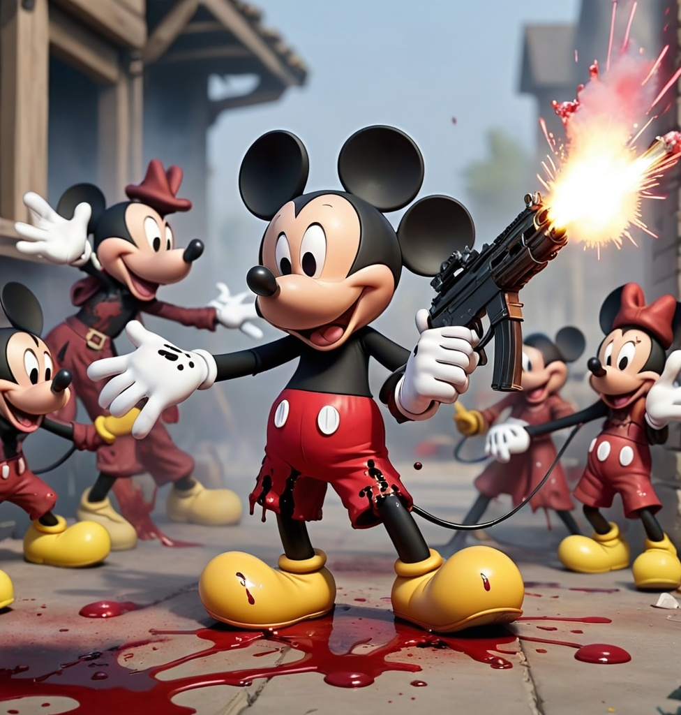 Prompt: An image of Mickey Mouse opening fire on all of his friends with an lmg covered in blood