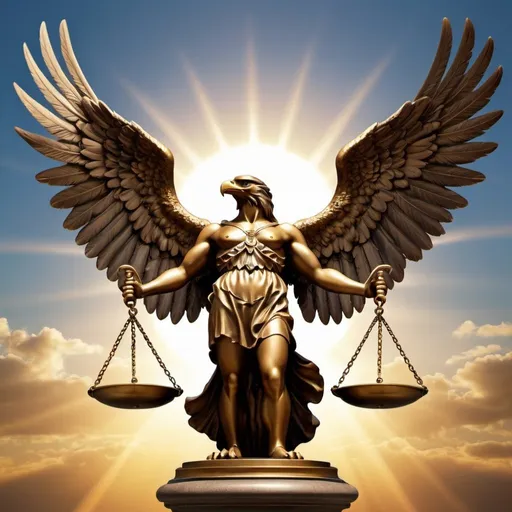 Prompt: Scale of justice in center high quality eagle wings in left and right and sunshine on top of image