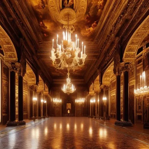 Prompt: A large ornate hall in a palace in night  europe