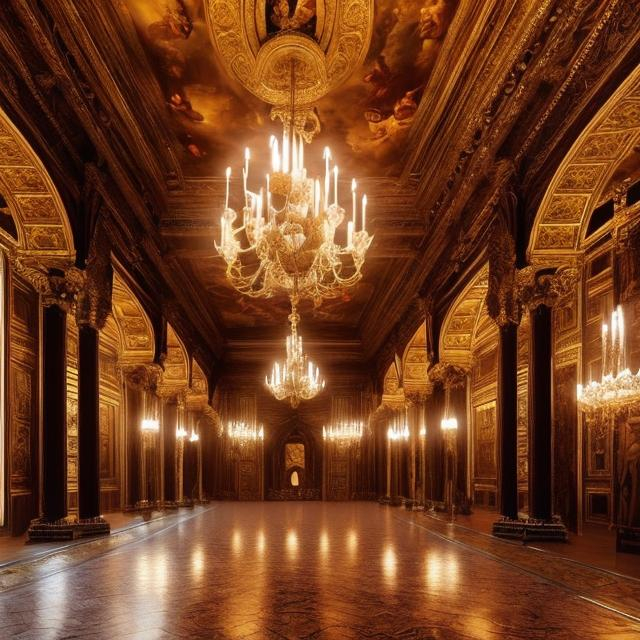 Prompt: A large ornate hall in a palace in night  europe