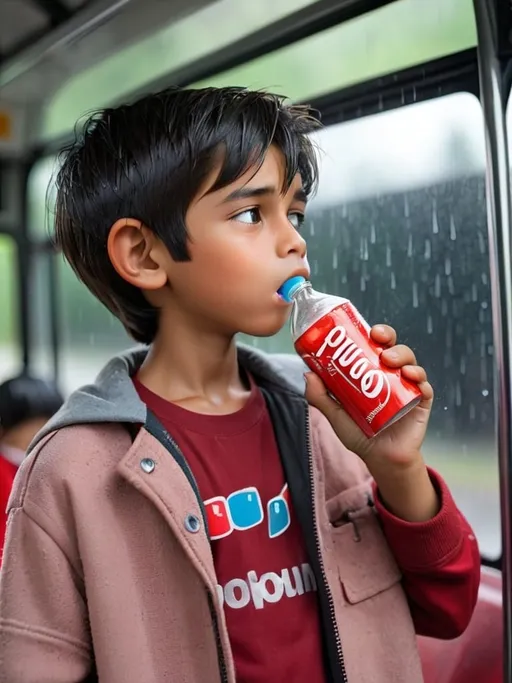 Prompt: Boy drinking soft drink and standing in a bus out aide raining 
