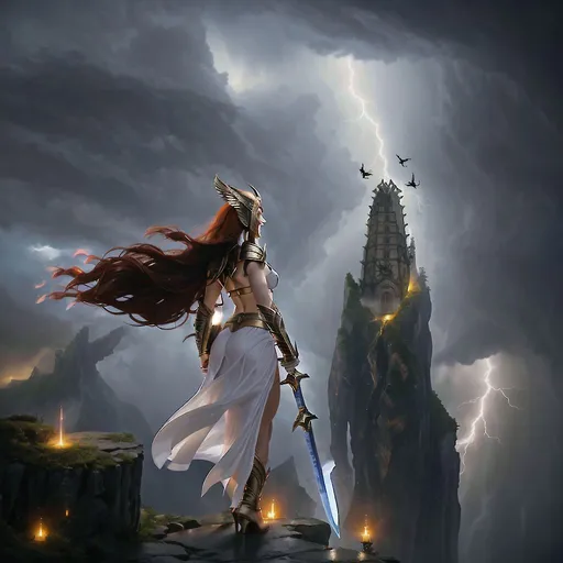 Prompt: photorealistic digital painting of a young woman standing near the edge of a cliff overlooking the ocean during a violent storm, thunderstorm, tsunami, 1girl, full body, Elementalist, sorceress, soft focus lens, focus blur, view from 100 yards away, looking to the horizon, back profile, view from above, long dark red hair, loose hairstyle, hourglass figure, pale skin, white leather slit-leg dress, bare stomach, (winged valkyrie helmet:1.1), (gold winged shoulder armor), white flowing cape, (magical blue greatsword:1.1), (high heel strap shoes:1.1), deity, magical, enchanting:1.1), fantasy art, navy blue color theme, [blue sapphire], [unlimited power], (lust:1.1), (desire:1.1), [fantasy art], hurricane and lightning background, cinematic lighting striking ground, a (massive 120-floor spiraling tower: stands ominously atop a mountainous plateau in the background, dragons fly in circles atop the tower, <lora:Raid_Arbiter:1>, <lora:picxer_real:1>