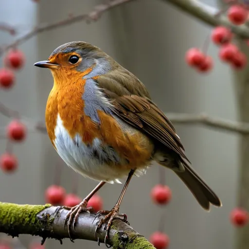 Prompt: Design the most beautiful digital photo ever taken of a robin. The robin is extremely clearly visible. The robin was photographed from very close up. The photo is extremely sharp. There are beautiful trees in the background.