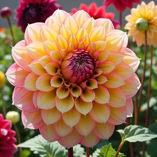 Prompt: Take a digital photo of a dahlia. The dahlia has a beautiful color and can be seen very well in detail. The photo was taken with the most advanced hi-tec digital camera. In the background are other colorful dahlias. The whole is in ultra HD quality and perfectly finished. It is one of the most beautiful digital photos ever taken.