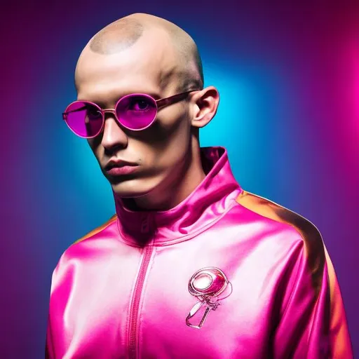 Prompt: male gabber bald head  pink round hippie glasses pink gold gabber tracksuit xtc speedy eyes dark dancehall laser light