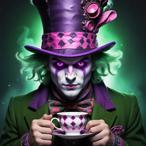 Prompt: design a digital photo of a futuristic madhatter. He looks demonic. He has pink eyes. You see the universe in his eyes. He drinks LSD tea. His clothes are purple and green. The design looks sinister. The design is of very high ultra HD resolution.