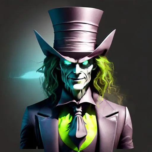 Prompt: Design an evil looking futuristic Madhatter in 4d. The background is also 4d and is a dreamworld. The design is a realistic 4d design in ultra hd, made by the strongest design software available.