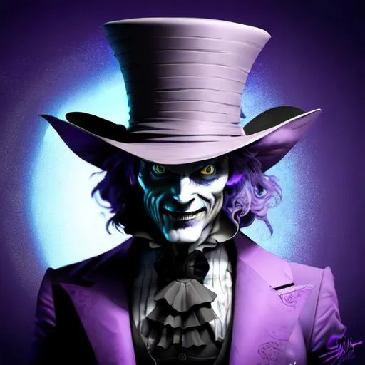 Prompt: Design an evil looking futuristic Madhatter in 4d. The background is also 4d and is a dreamworld. The design is a realistic 4d design in ultra hd, made by the strongest design software available.