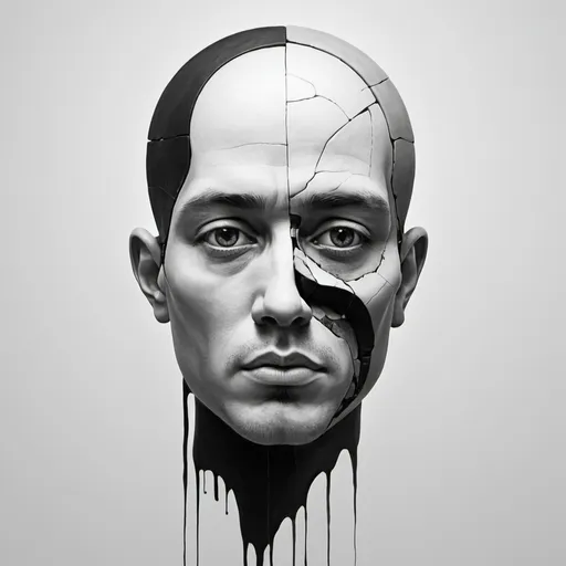 Prompt: Design a weird black and white art piece of a head that contains in 3 different pieces. There are thoughts coming out of his eyes.
