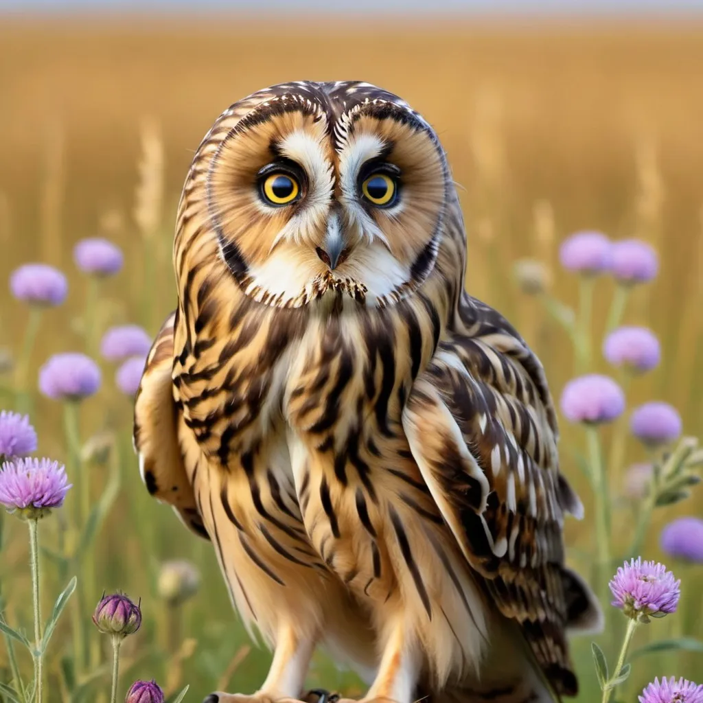 Prompt: Design the most beautiful digital photo ever made of a short-eared owl. The short-eared owl is extremely clearly visible. The short-eared owl was photographed from very close up. The photo is extremely sharp. In the background you see a beautiful field with various types of wild flowers.