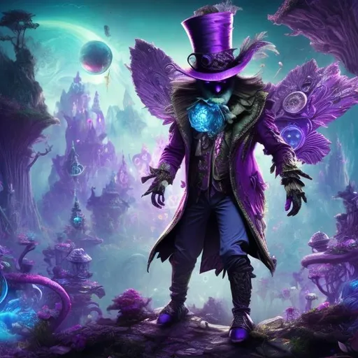 Prompt: Futuristic powerfull madhatter, purple shining and glowing eyes, lsd effects,ultra detailed, HD, 8K, heavy lsd trip background, pretty deep background, fantasy theme, mystical, fairy tale theme, acid theme, digital 3D visualization, Imaginative forest, talking trees, flying teacups, talking butterflies, smiling planets,fantasy animals 
