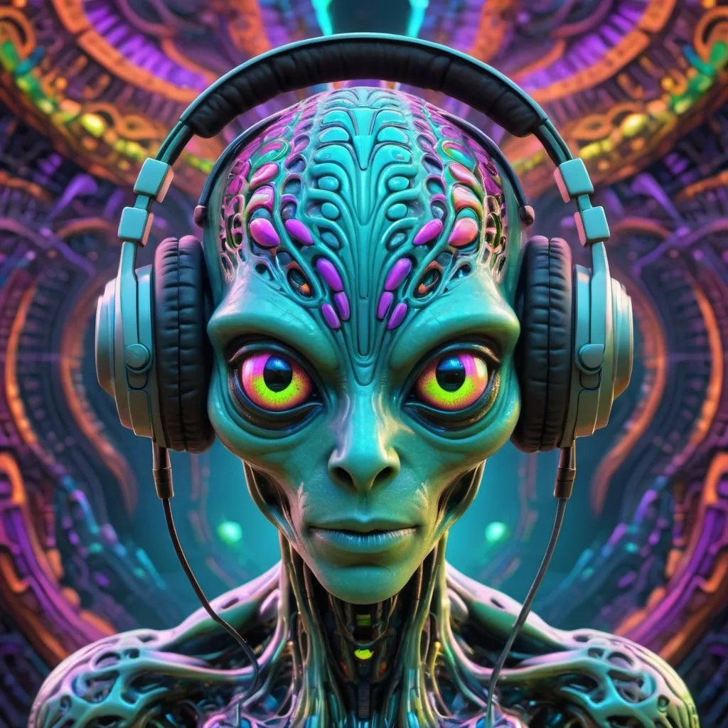 Prompt: Strange but beautiful 3D digital design of a vegan alien cyborg. The alien has colorful abstract trippy fractal eyes. The alien wears headphones. As background a trippy digital design of a colorful psytrance background which is often used in psytrance videos, also in 3d. The overall design is in ultra hd 16K and is highly detailled.