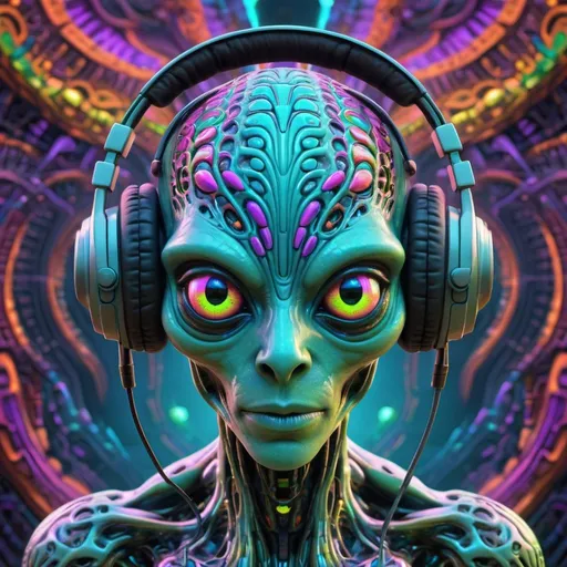 Prompt: Strange but beautiful 3D digital design of a vegan alien cyborg. The alien has colorful abstract trippy fractal eyes. The alien wears headphones. As background a trippy digital design of a colorful psytrance background which is often used in psytrance videos, also in 3d. The overall design is in ultra hd 16K and is highly detailled.