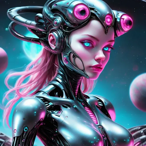 Prompt: Design a strong, made by the most powerful highly tech computer, 3d artwork of a high tech dangerous futuristic alien cyborg woman. The alien cyborg is light blue and black with pink eyes. The depth of the background contains pink planets and space ships. The 3d digital art print design is high end in ultra hd.