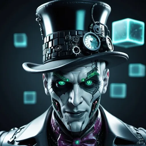 Prompt: A hyper futuristic and evil sinister digital design of a cyborg Madhatter. As background you see several cubes in 3D. The design is highly detailed and in super ultra hd 4k.