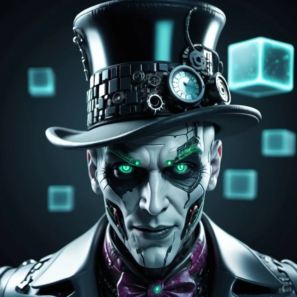 Prompt: A hyper futuristic and evil sinister digital design of a cyborg Madhatter. As background you see several cubes in 3D. The design is highly detailed and in super ultra hd 4k.