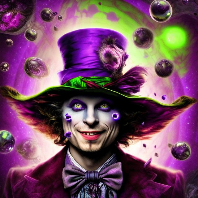 Prompt: Madhatter strange purple eyes dark digital 3D space different lsd acid planets surrounding  devilish smile 