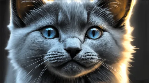 Prompt: A very close-up, colored charcoal sketch of a fluffy Russian Blue kitten's face,  sapphire blue eyes, with soft, golden light illuminating its whiskers . The cat's expression is one of curiosity, as it looks directly at the camera. The background should be a soft, out-of-focus dark pastel  blur, emphasizing the cat's face. Include details like the individual hairs, textures, and details of the fur