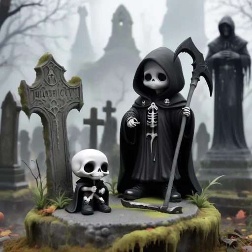 Prompt: Little Baby Reaper, clad in a miniature black hooded cloak and holding a tiny scythe, sits beside the towering Grim Reaper on a weathered, moss-covered tombstone in a mist-shrouded, spooky cemetery. The baby Reaper's attire is completed by a pair of black leather boots and a faded Addams Family lunchbox by their side. As they take a bite of a sandwich, their large, round eyes gleam with mischief. The Grim Reaper, dressed in tattered black robes, gazes down at the baby with a mixture of fondness and foreboding. The atmosphere is heavy with the scent of damp earth and decay. Inspired by the dark, gothic sensibilities of Greg Rutkowski, this 3D game cinematic scene is rendered in exquisite, intricately detailed 8K resolution, with dynamic lighting that casts eerie shadows across the tombstones. The Unreal Engine 5 and CryEngine technologies bring forth an HDR, 3D masterpiece with perfect composition, as if plucked straight from a trending ArtStation showcase, complete with Unity Render polish.