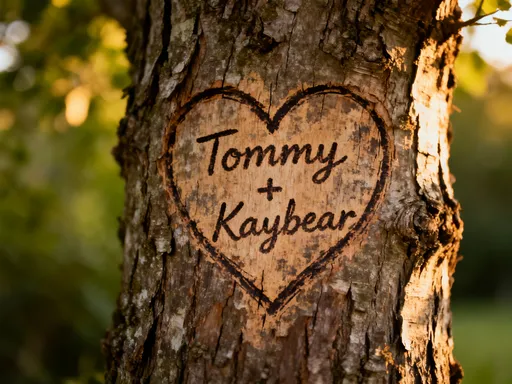 Prompt: A tree with a heart carved into it and the names Tommy + Kaybear