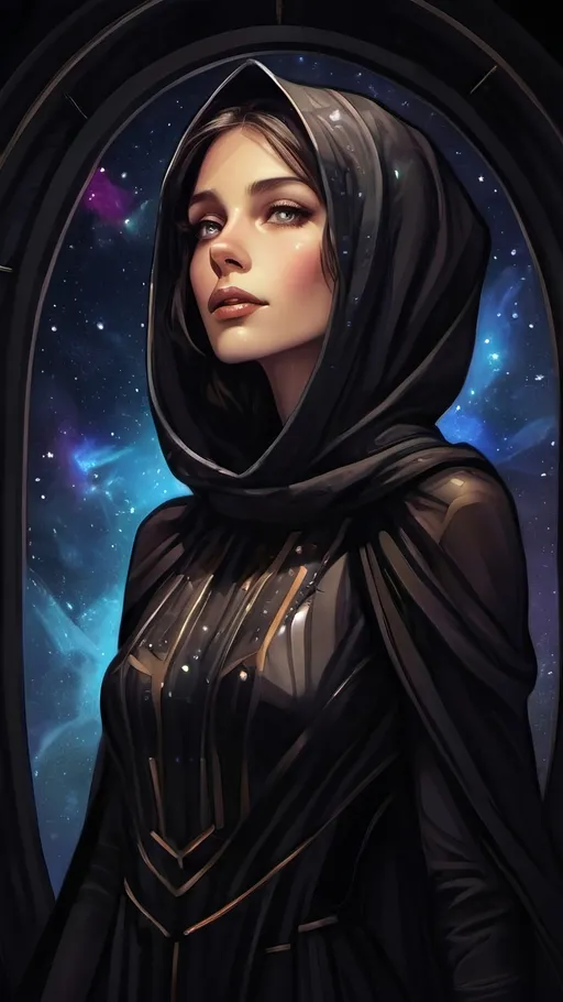 Prompt: A futuristic lanky elegant female seer Floating aimlessly in the dark depths of space. She is wearing an intricate organic baggy black dress with a black cowl. There are plentiful stars and galaxies in the blackened night. Color enhance, High contrast, vector style, enhance reflections