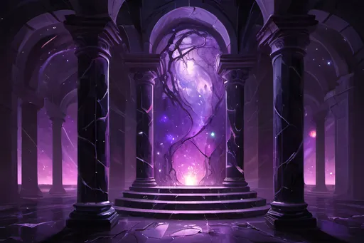 Prompt: A swirling mass of stars and galaxies in a glowing square purple portal between two obsidian pillars leaking purple light through the shattered black cracks. Vector Style, Color Enhanced