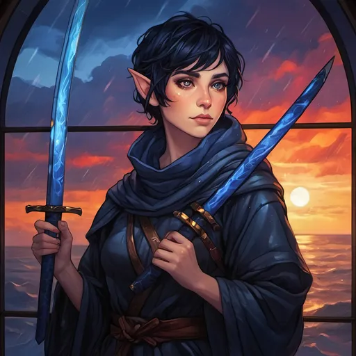 Prompt: A short female elf with messy thick short black hair wearing baggy black clothes with a long navy scarf. She is drawing a Glowing blue katana and is surrounded by a thick stormy rain with floating vibrant sunset lights piercing through. Vector style, deep colors, rtx enabled