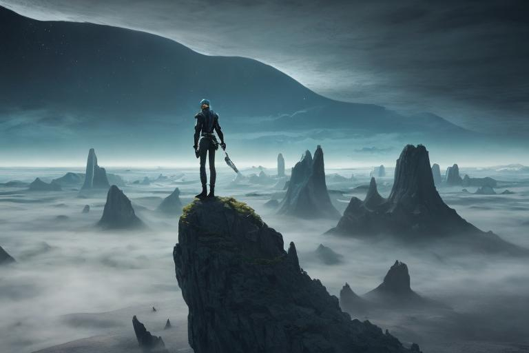 Prompt: A tall and lanky male humanoid is dwarfed by the great expanse of ralien terrain filled with desolate ruined buildings and empty space. He stands on a Rock amidst a series of islands floating detached in the air surrounded by an ethereal black and teal mist. behance HD