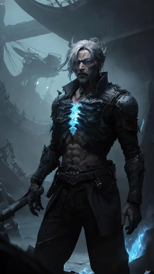 Prompt: A clump of swirling blue biomass and grey bone tendrils in a generally male humanoid shape, transforming, shifting and churning into a normal male human. He is radiating thick black smoke with red light shining out of the cracks. He is standing at the stern of a ship on the open sea.