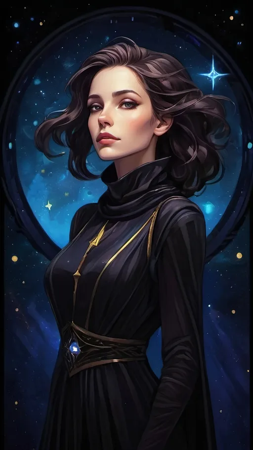 Prompt: A futuristic lanky elegant female seer Floating aimlessly in the dark depths of space. She is wearing an intricate organic baggy black dress with a black cowl. There are plentiful stars and galaxies in the blackened night. Color enhance, High contrast, vector style, enhance reflections