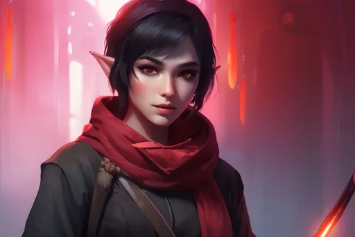 Prompt: A short female elf with messy thick short black hair wearing baggy black clothes with a long maroon scarf. She is drawing a Glowing crimson katana and is surrounded by a thick misty fog with floating vibrant crimson lights piercing through. Vector style, deep colors, rtx enabled